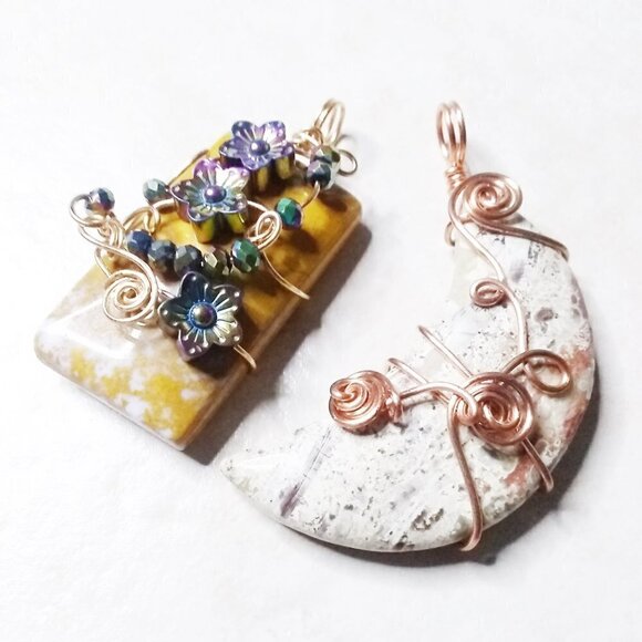 Speckled Crescent Jasper Stone Moon ~ Cream + Tan Colors! Copper Wire Wrapping - Picture 10 of 11